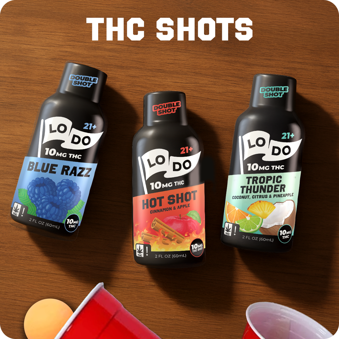 Three LoDo THC shots on a table