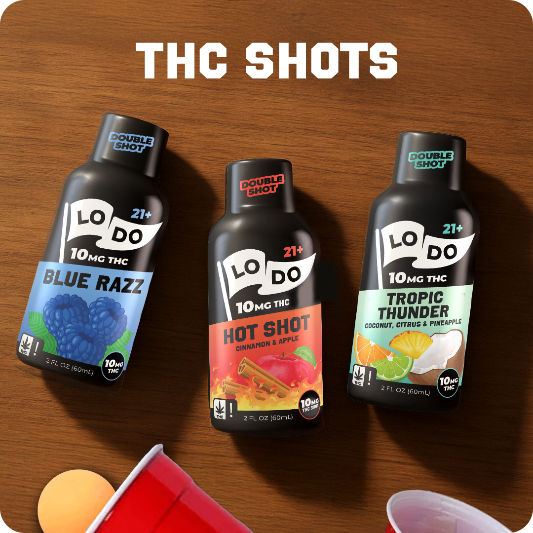 Three LoDo THC shots on a table