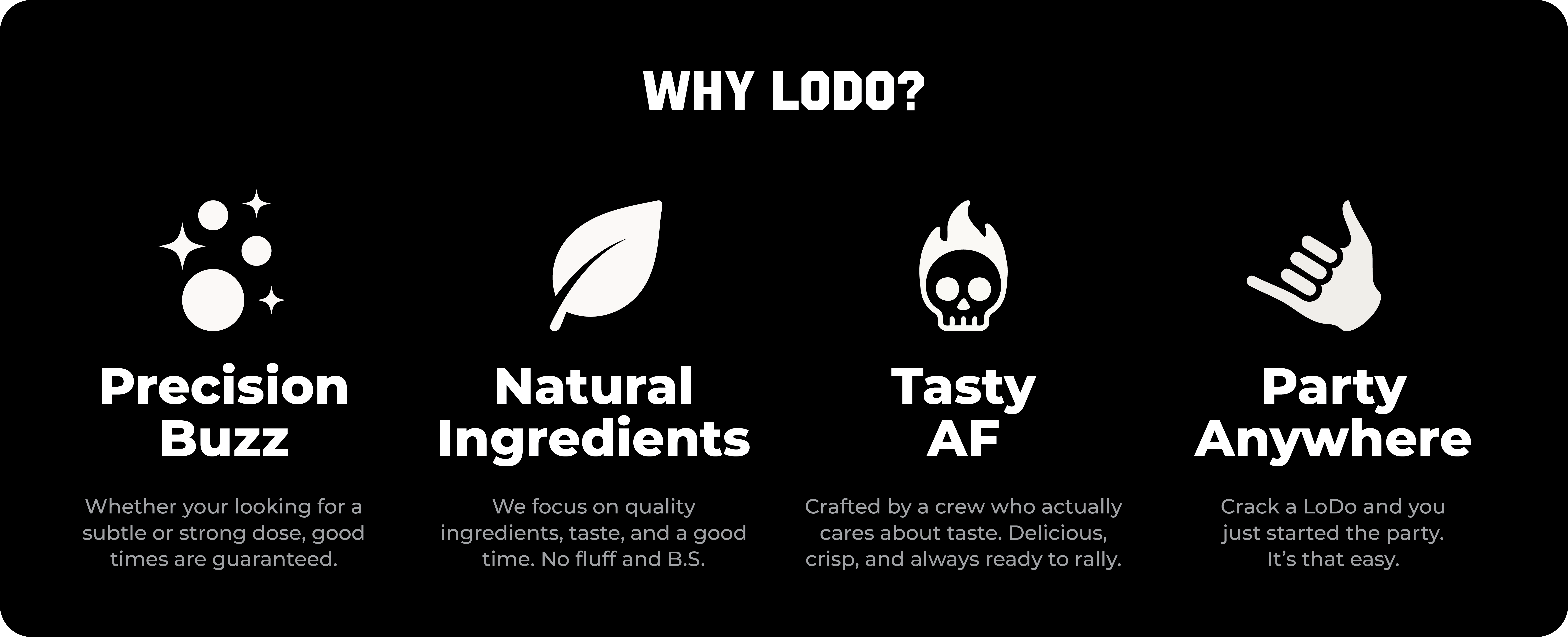 4 icons describing why someone should by LoDo THC drinks